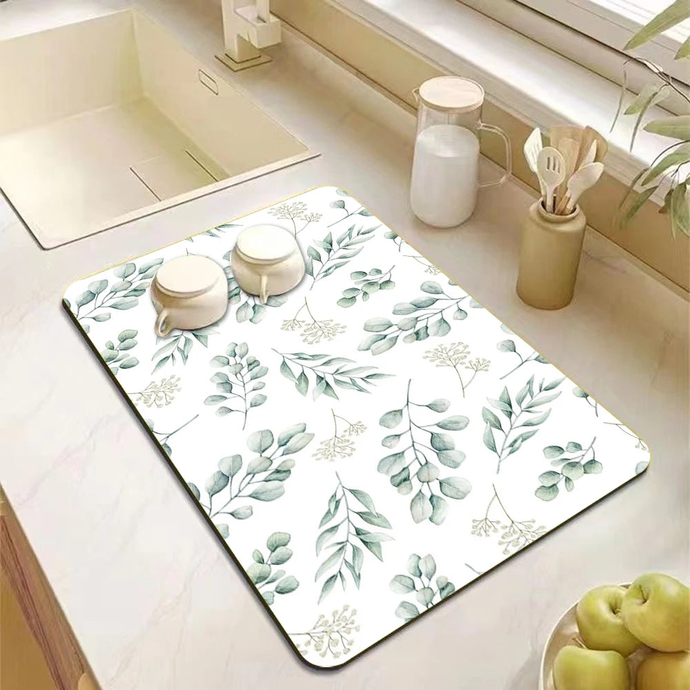 Eucalyptus Leaves Themed Dish Drying Mat Non-Slip Heat-Resistant