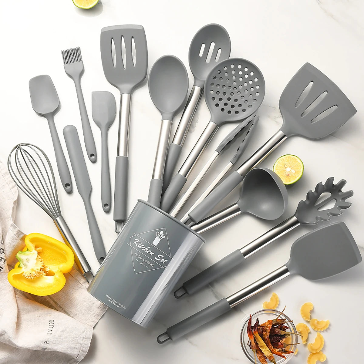 15pcs Silicone Kitchenware Stainless Steel Handle Cooking