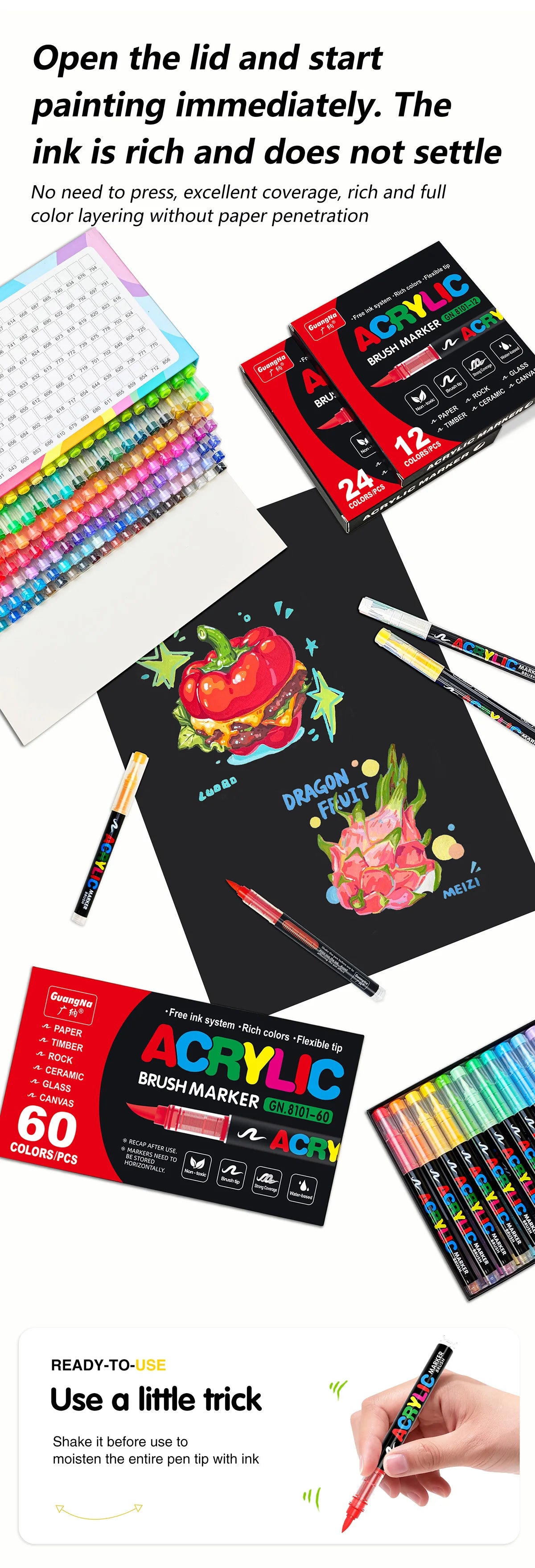 Gn 366 Colors Acrylic Paint Pens Markers Brush