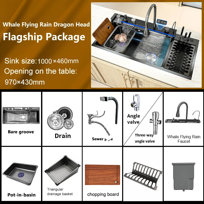 Stainless Steel Sink Digital Display Waterfall Large Slot