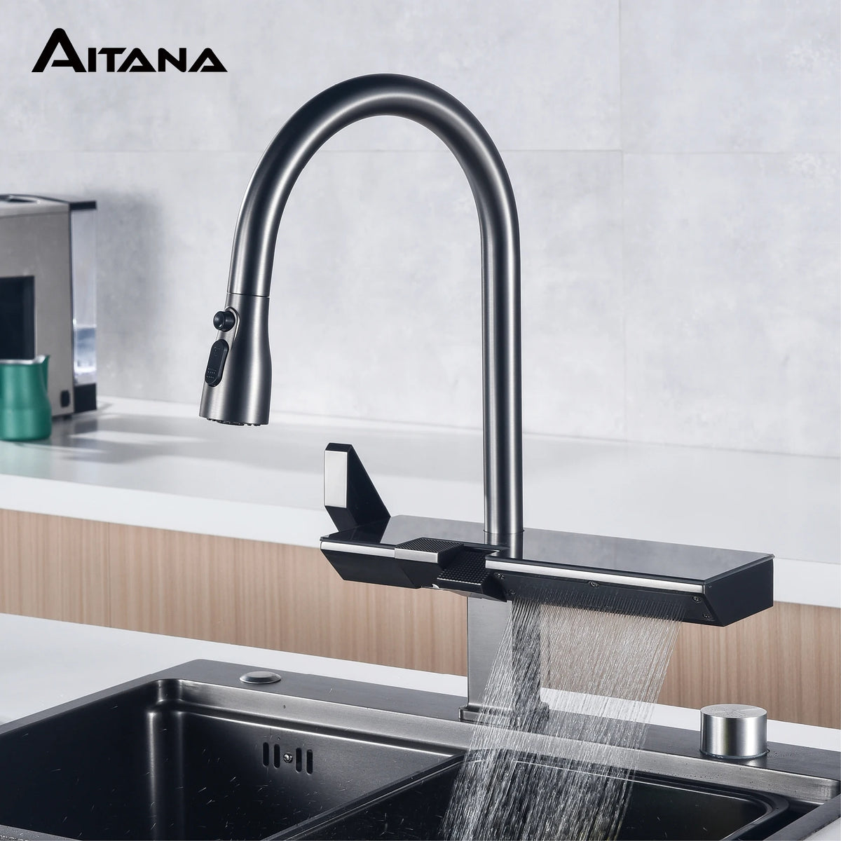 Luxury Digital Display Brass Grey Faucet Pull-Out Design