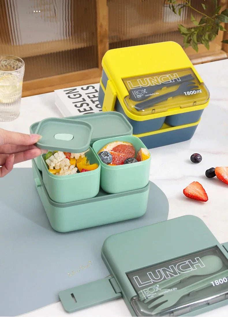 Justinlau 1100/1800ml Layer Compartment Lunch Box Kids Fork