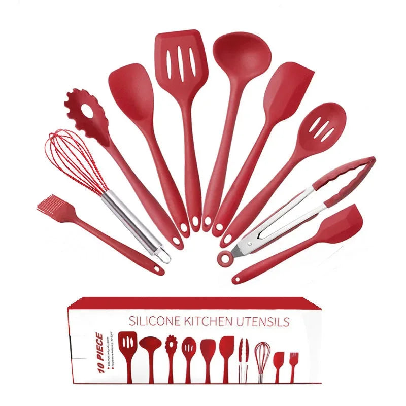10 Pcs/Set Silicone Utensils Non-Stick Silicone Tong Spoon