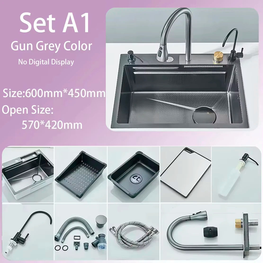 Stainless Steel Waterfall Sink Digital Display Large Sink