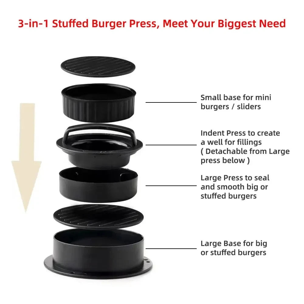 3in1 Round Hamburger Burger Press Beef Grill Food-Grade