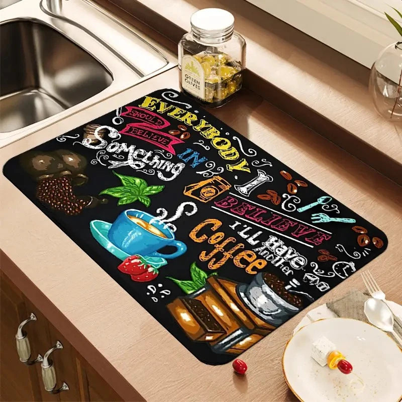 Creative Coffee Print Drying Mat Soft Rubber Non-Slip