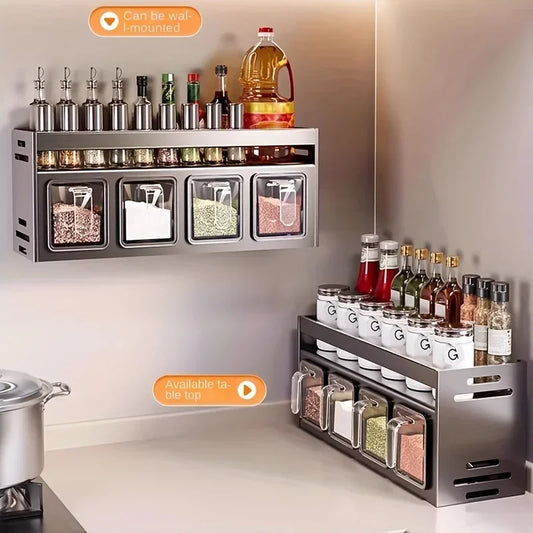 Stainless Steel Spice Rack Wall-Mounted Multi-Functional Spice