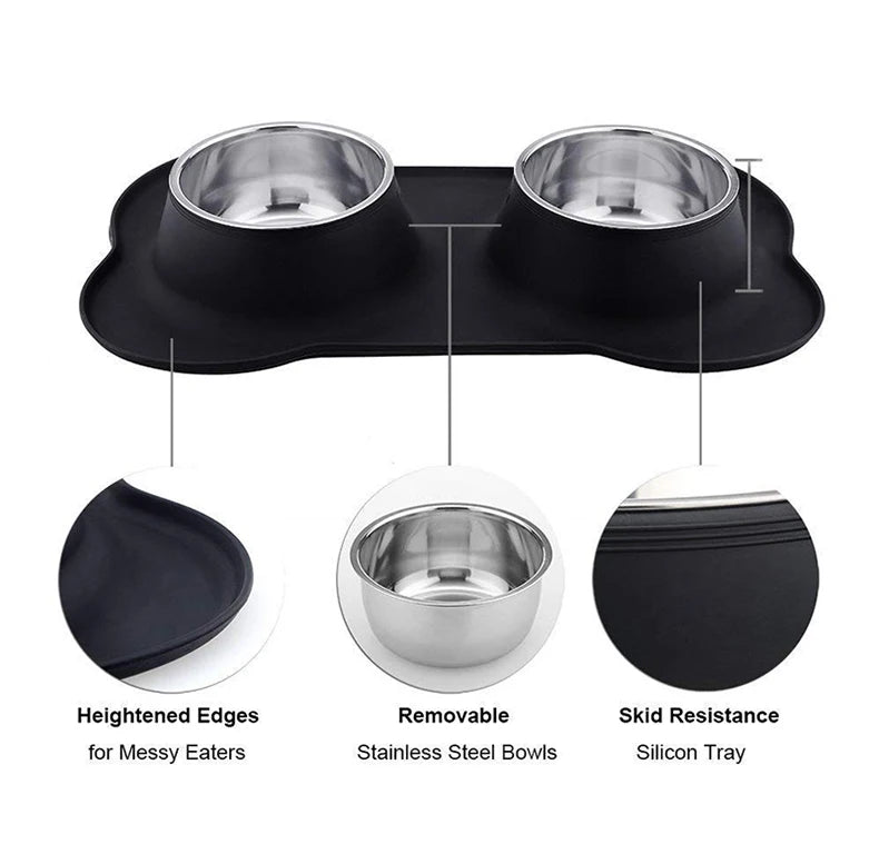 Antislip Double Dog Bowl Silicone Mat Durable Stainless