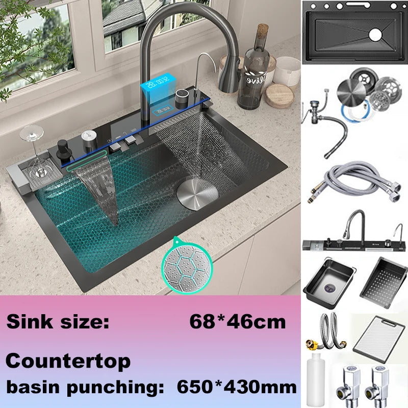 Stainless Steel Sink Waterfall Digital Display Faucet Large