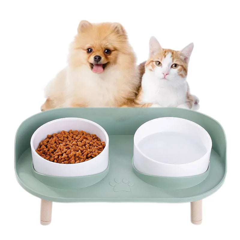 Cat Double Bowl Safety Wood Stand Silicone Mat