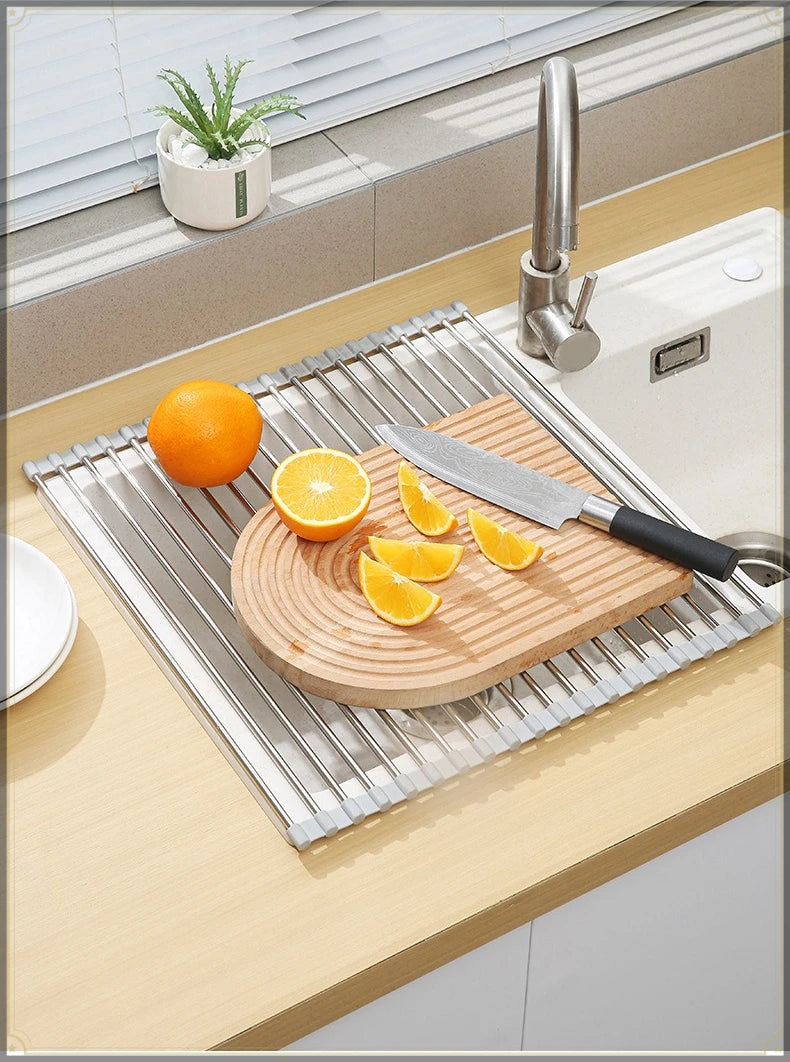Roll Up Sink Drain Rack Stainless Steel Foldable