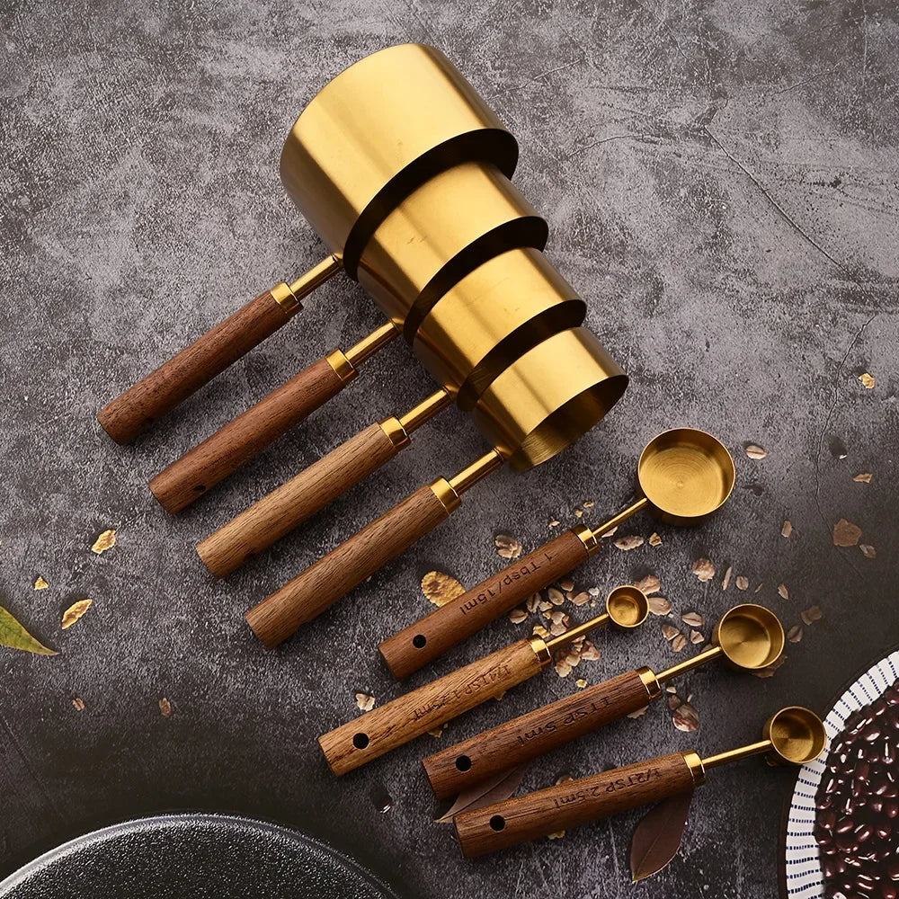 1/4/8pcs Gold Wooden Handle Stainless Steel Measuring Cups