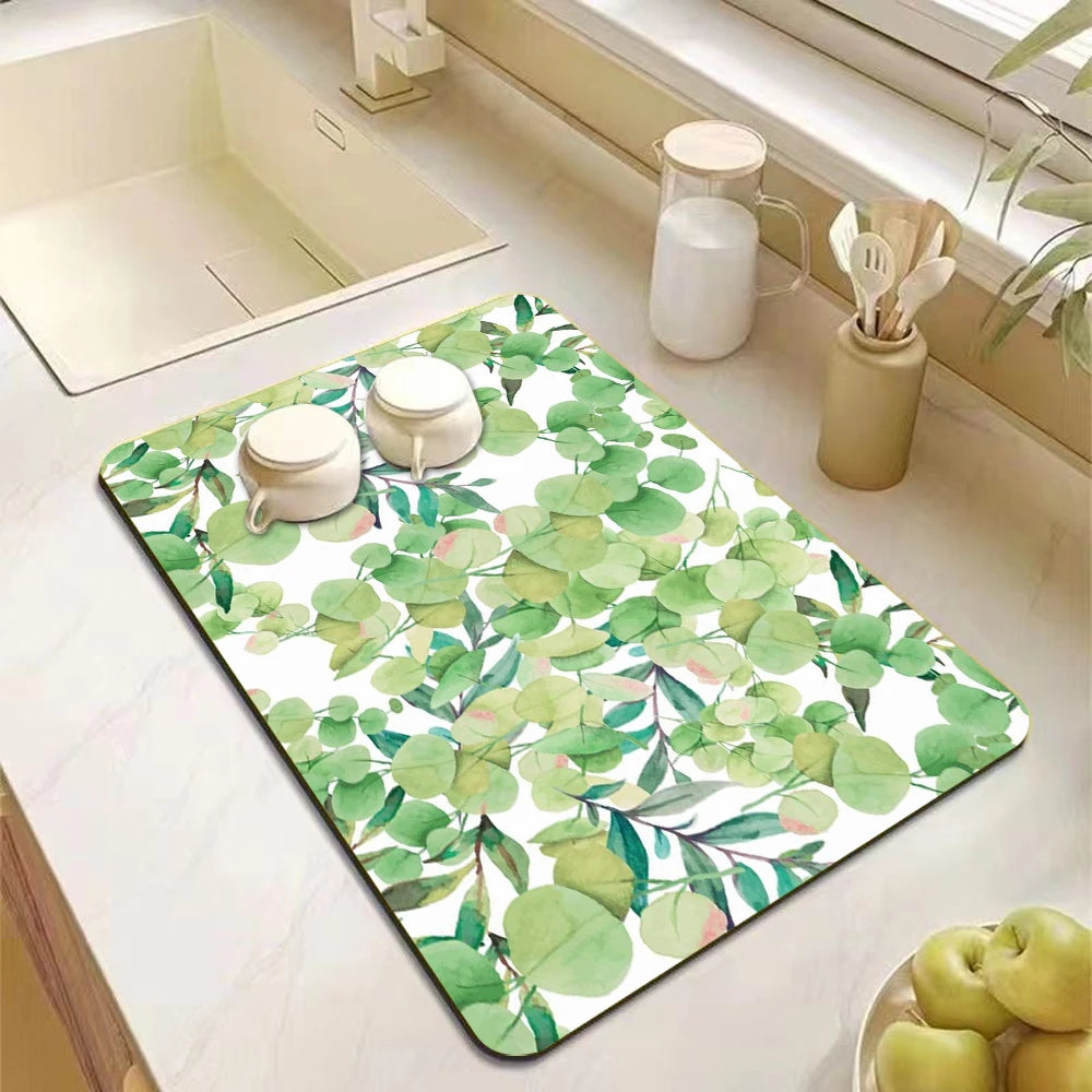 Eucalyptus Leaves Themed Dish Drying Mat Non-Slip Heat-Resistant