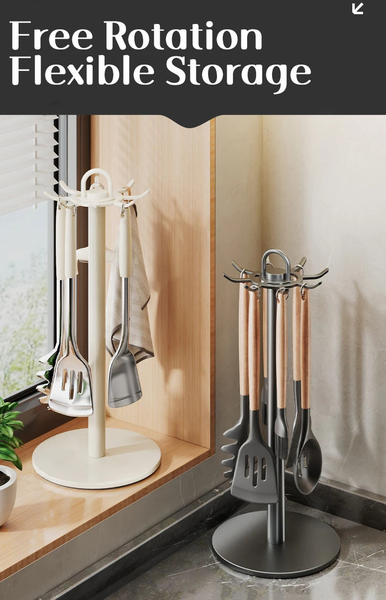 Utensil Stand Rotating Storage Hanger Hooks Countertop