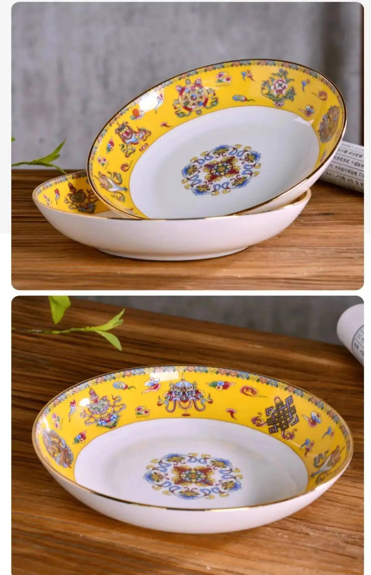 Gold Border Enamel Deep Plate Chinese Bone China