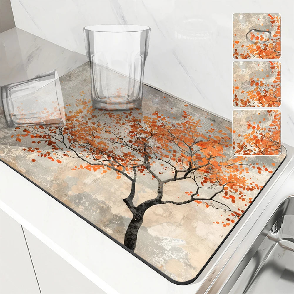 Large Absorbent Mat Autumn Leaves Antiskid Draining Coffee