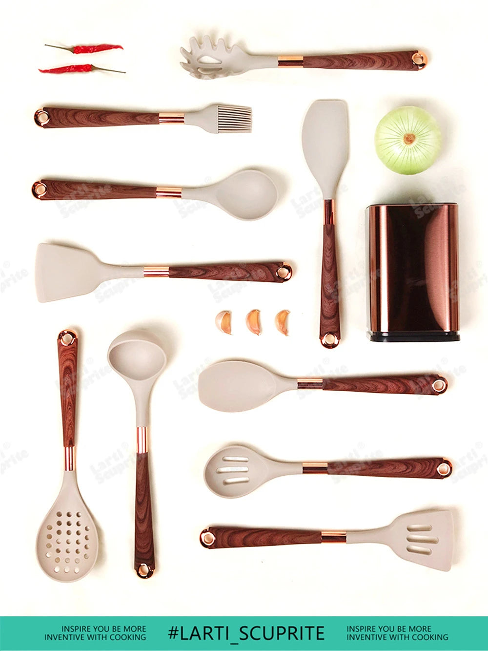 Gold Plated Handle Silicone Cooking Utensils Non-Stick Bpa