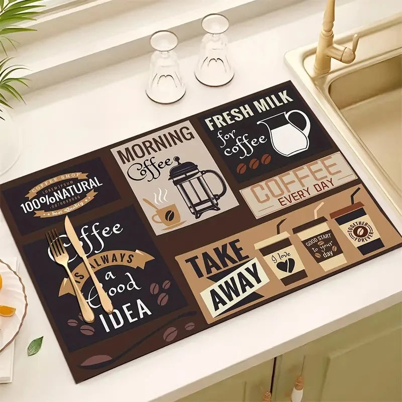 Creative Coffee Print Drying Mat Soft Rubber Non-Slip