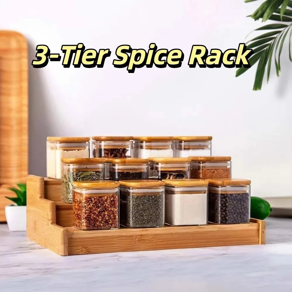 Solid Wooden 3-Tier Spice Rack Space-Saving Multi-Tier Spice