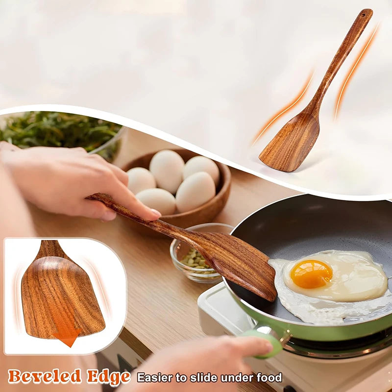 2pcs Wooden Spatula Acacia Wood Long Handle Flat