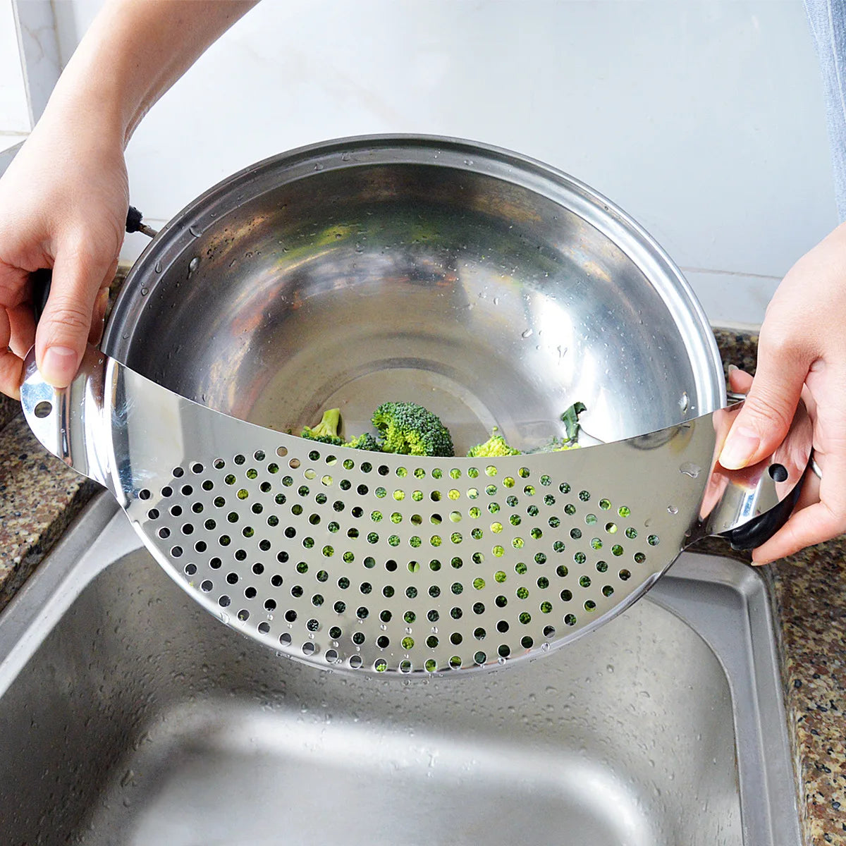 Stainless Steel Pan Pot Strainer Handle Pasta Drainer