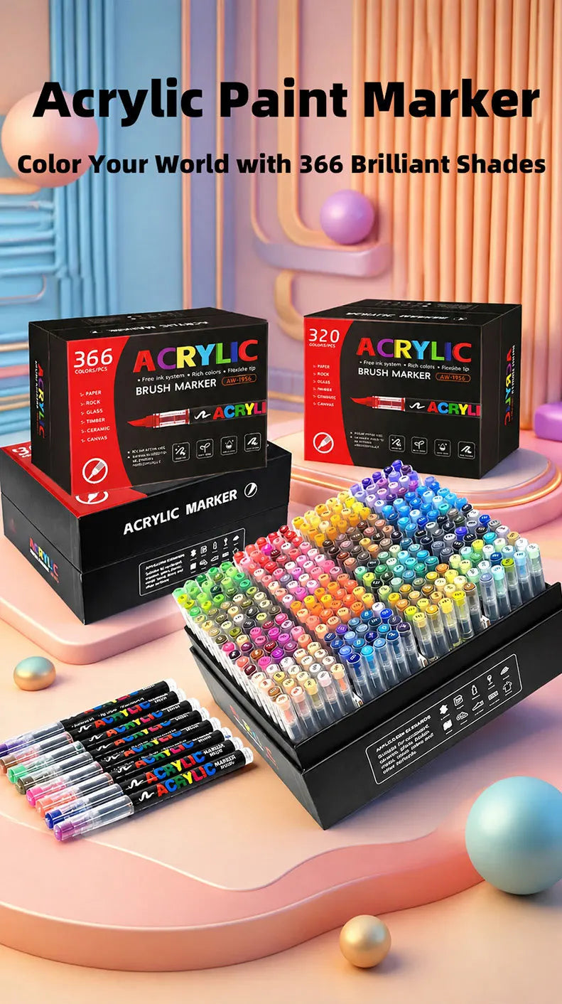 12-366 Colors Acrylic Marker Permanent Markers Brush Tip