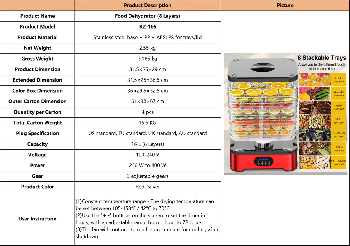 Cross-Border Food Dehydrator 8-Layer Large-Capacity Smart Food