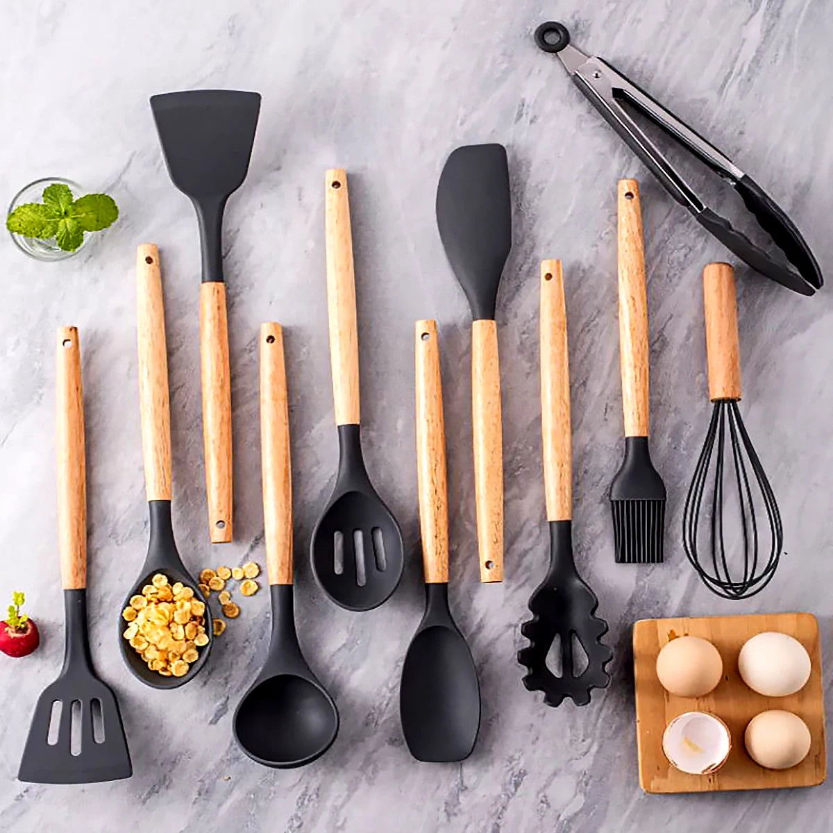 12pcs Silicone Cooking Utensils Non-Stick Cookware Black Cuisine