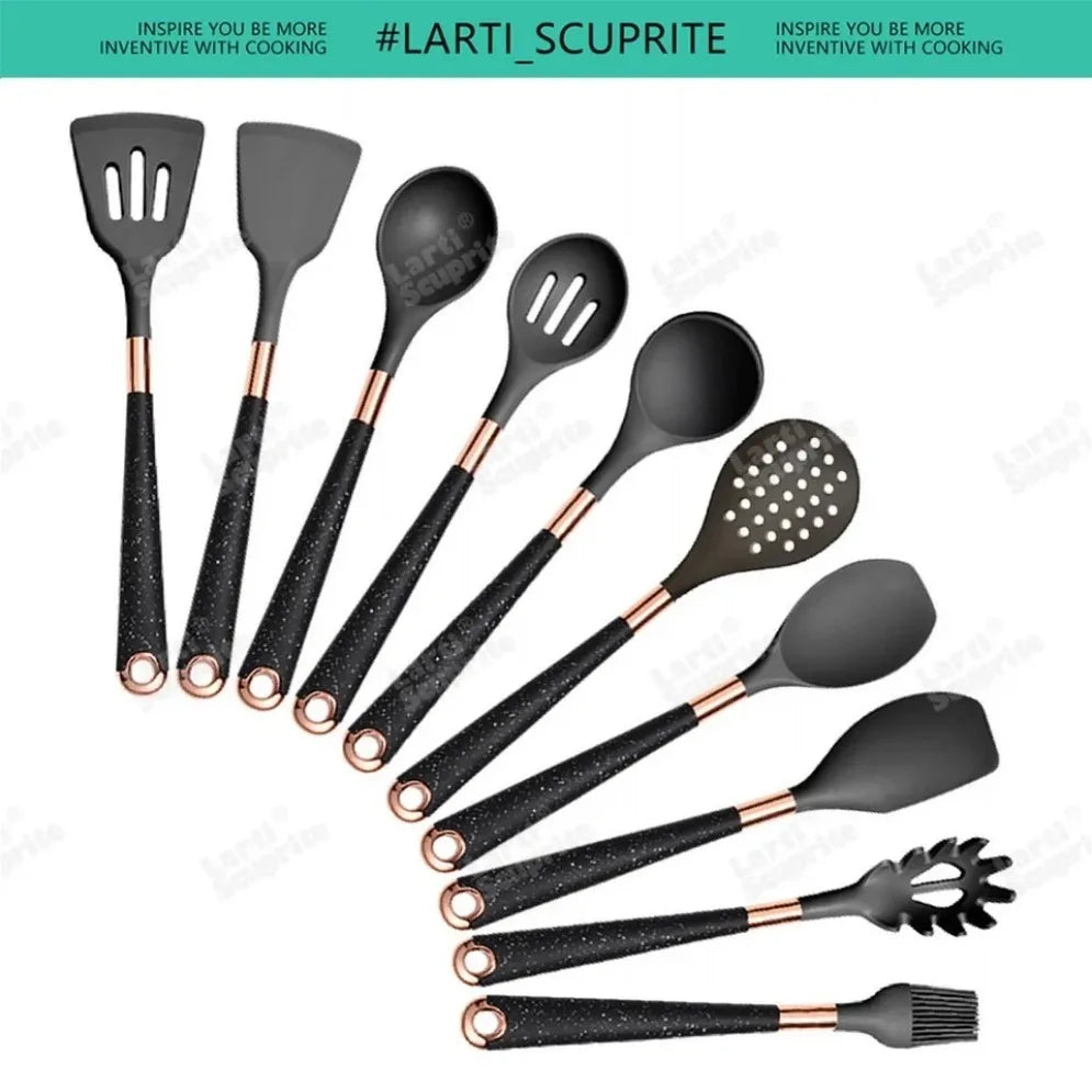 Gold Plated Handle Silicone Cooking Utensils Non-Stick Bpa