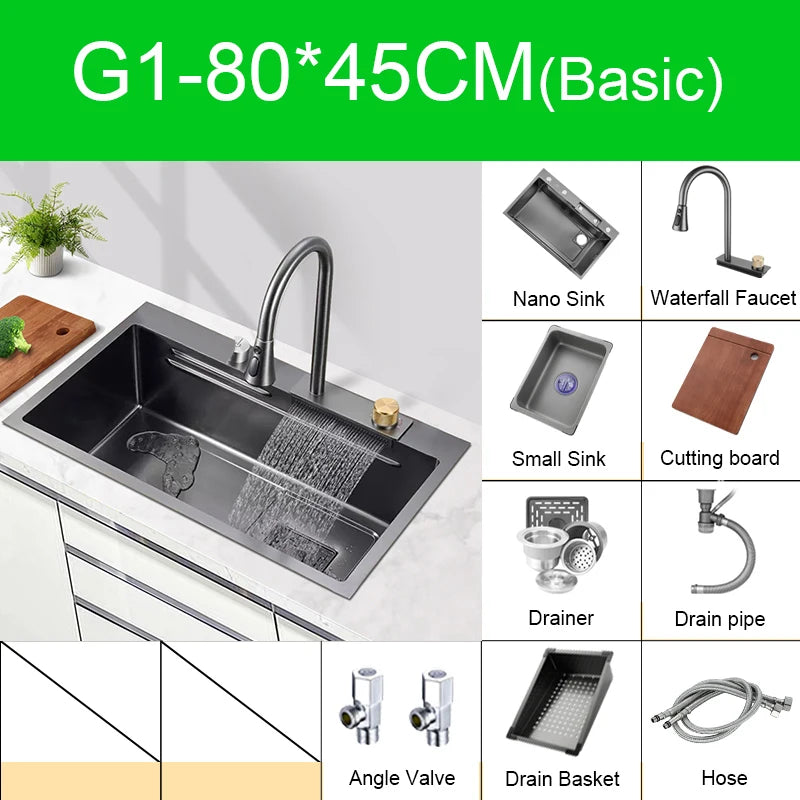 Black Nano Sink Waterfall Faucet Large Bowl Cup