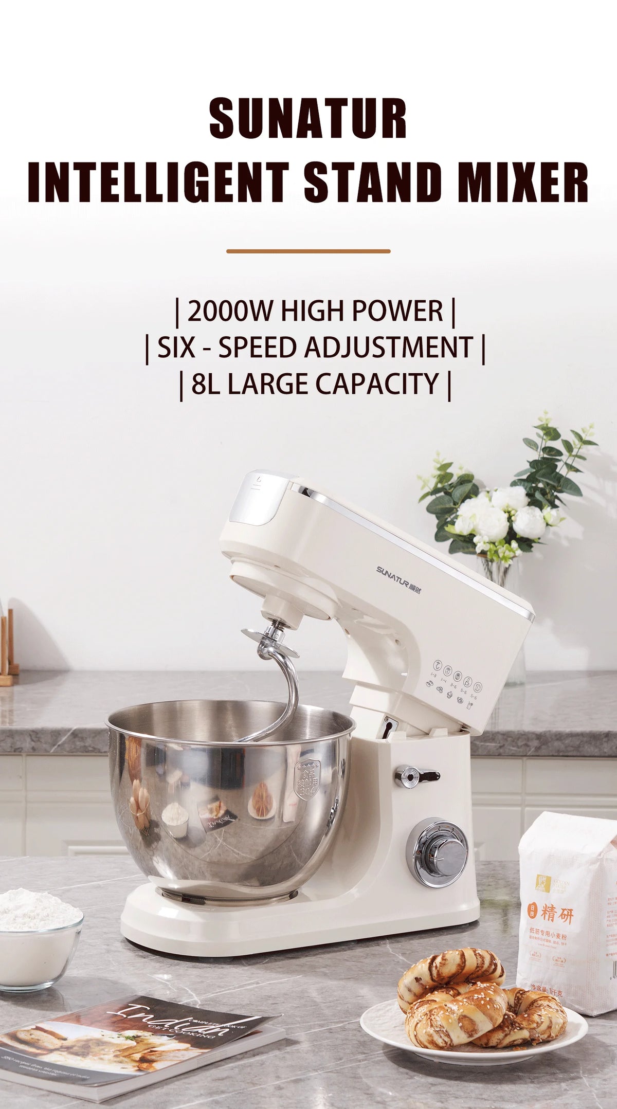 Sunatur 8l Stand Mixer 2000w Stainless Steel Bowl