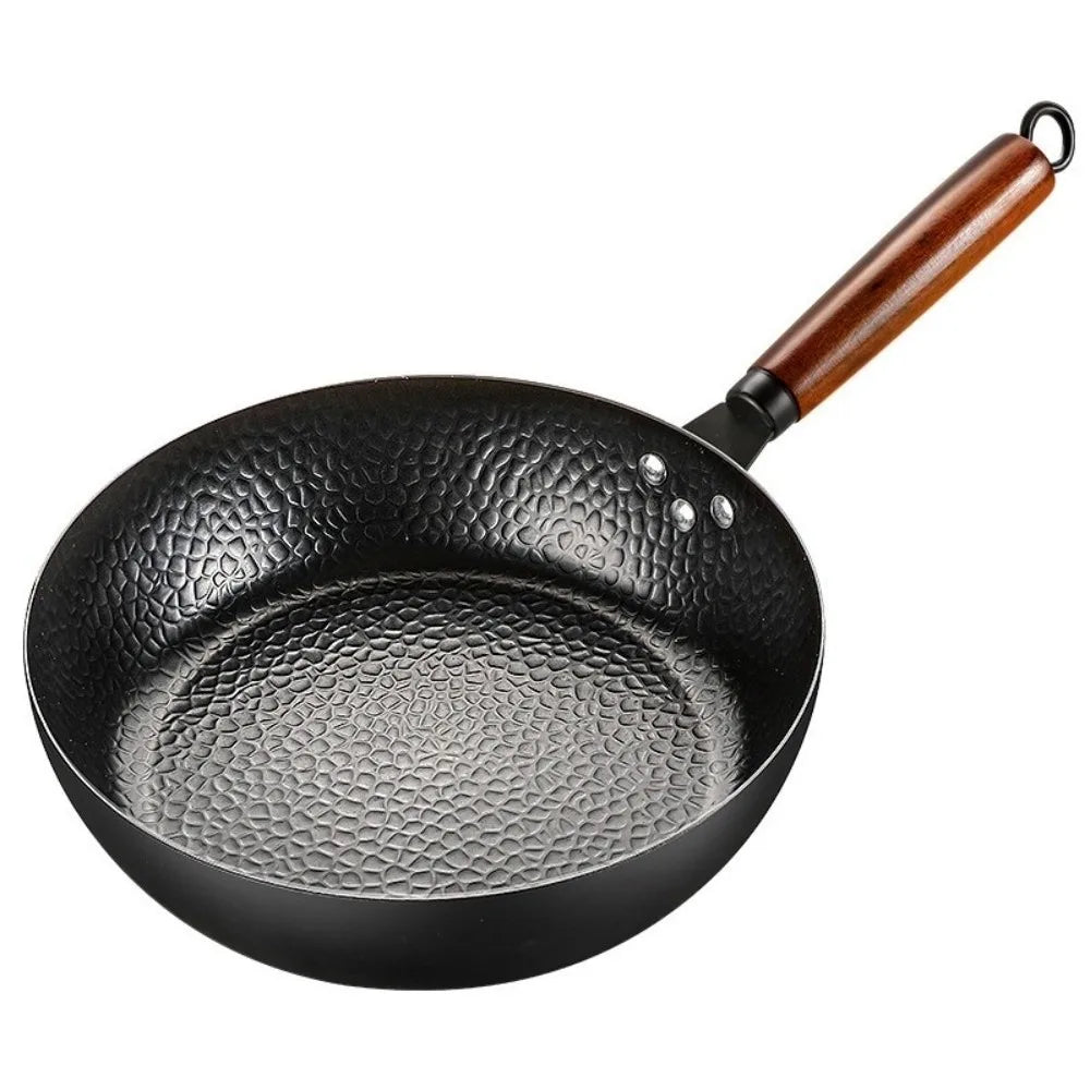 Hand Forged Cast Iron Pan Wooden Handle Uncoated