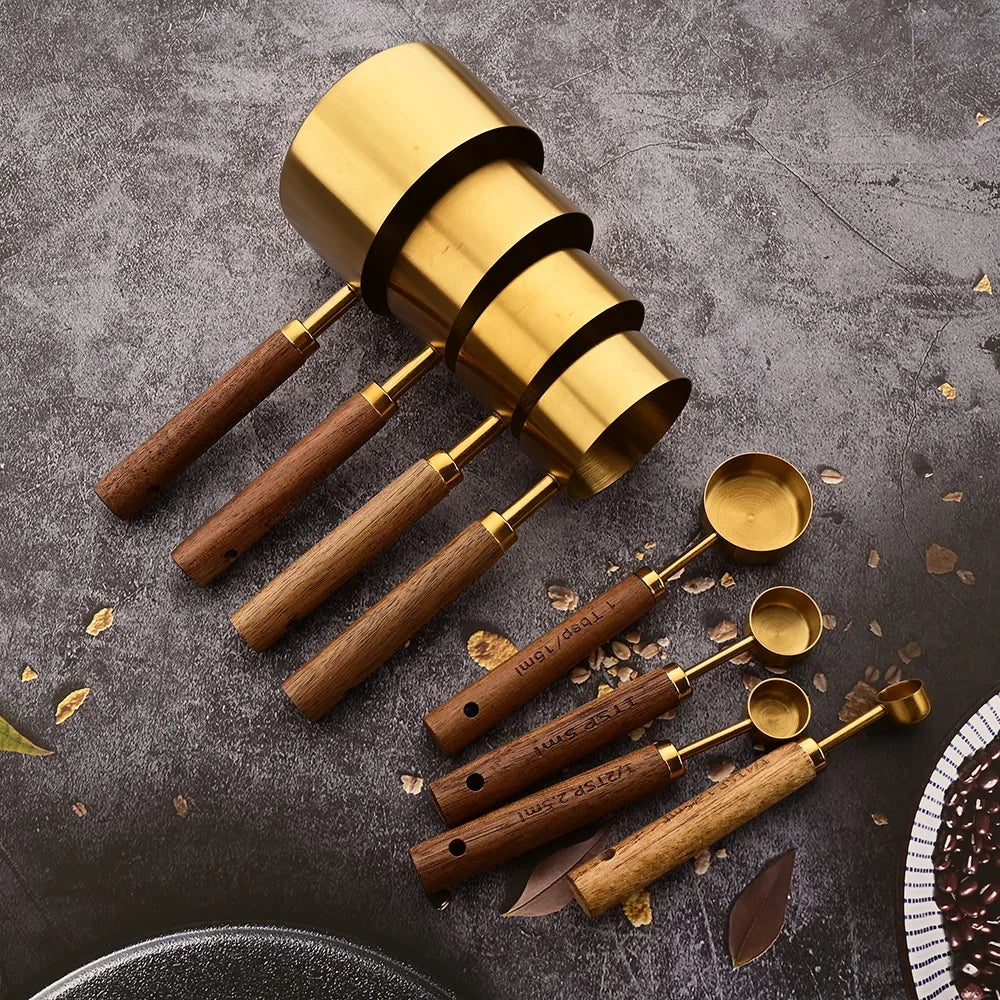 1/4/8pcs Gold Wooden Handle Stainless Steel Measuring Cups