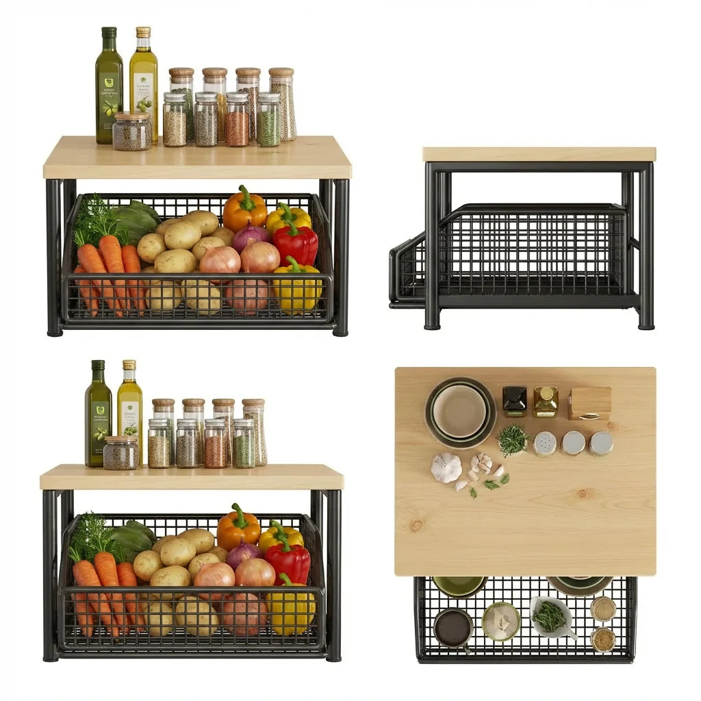 2-Tier Organizer Rack Sliding Drawer Metal Microwave Stand