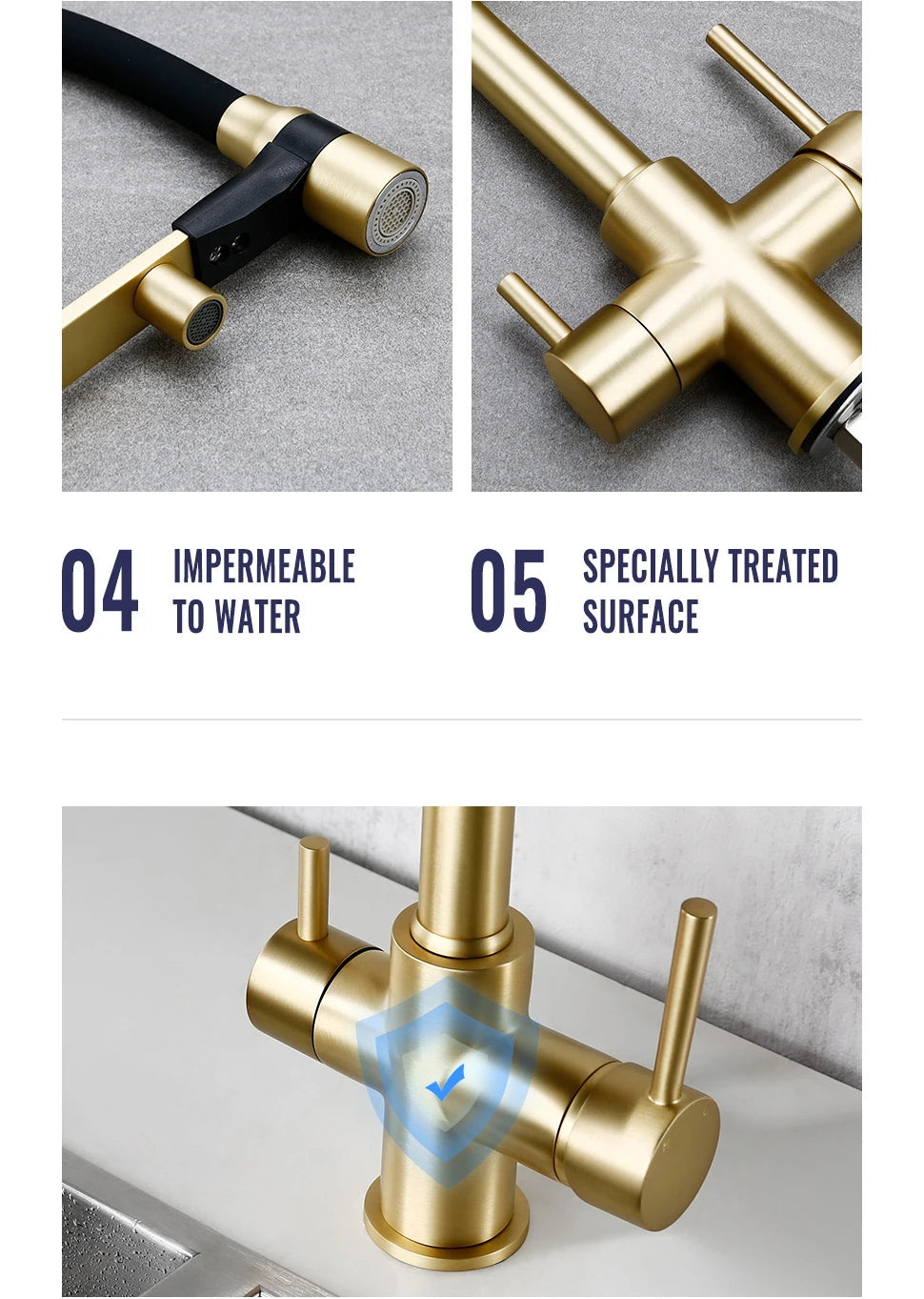 Brushed Gold Faucet Filter 360 Swivel Pure Water