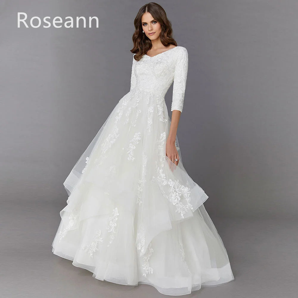 Customized Muslim Exquisite A-Line Wedding Dresses V-Neck