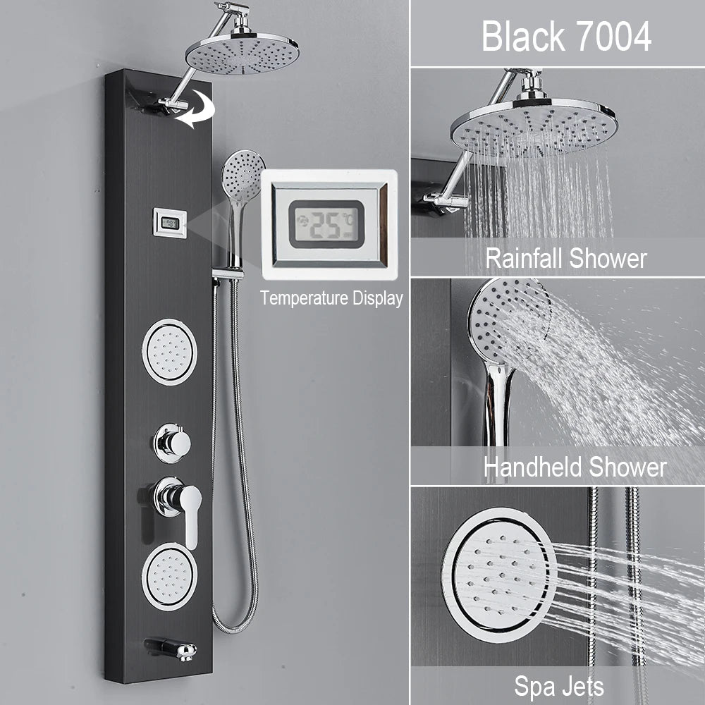 Black Shower Panel Storage Rack Rainfall Shower Faucet