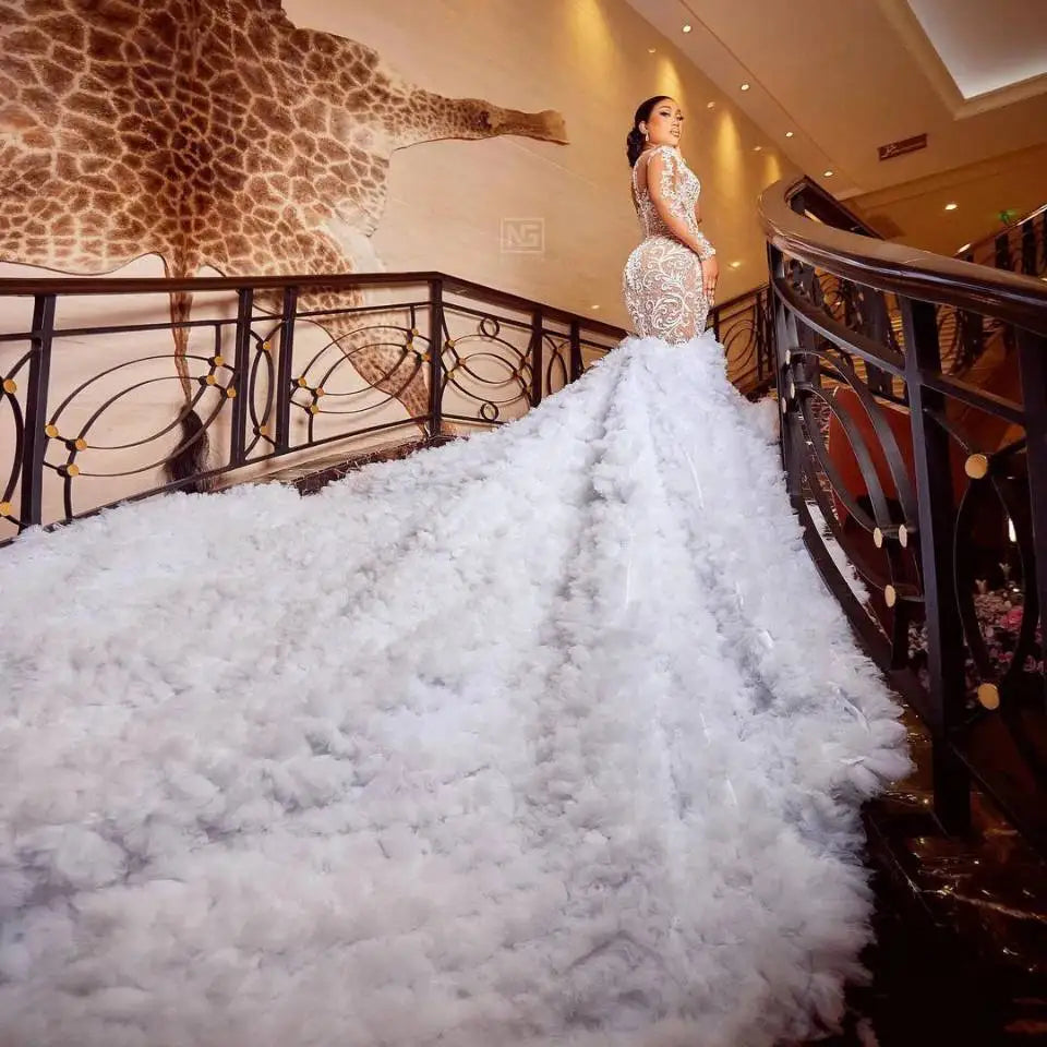 Exquisite Lace Mermaid Wedding Dresses Shine Crystal Lllusion