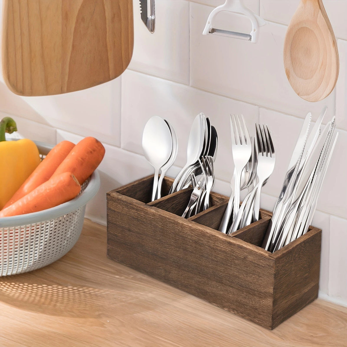 Wood Cutlery Caddy Utensil Organizer Compartments Silverware