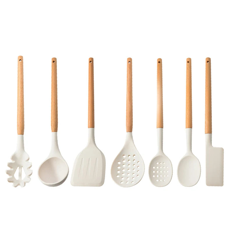 White Silicone Wooden Handle Soup Spoon Spatula Brush