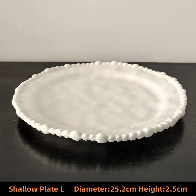 White Beaded 10 Ceramic Dinnerware Shallow Plates Scratch