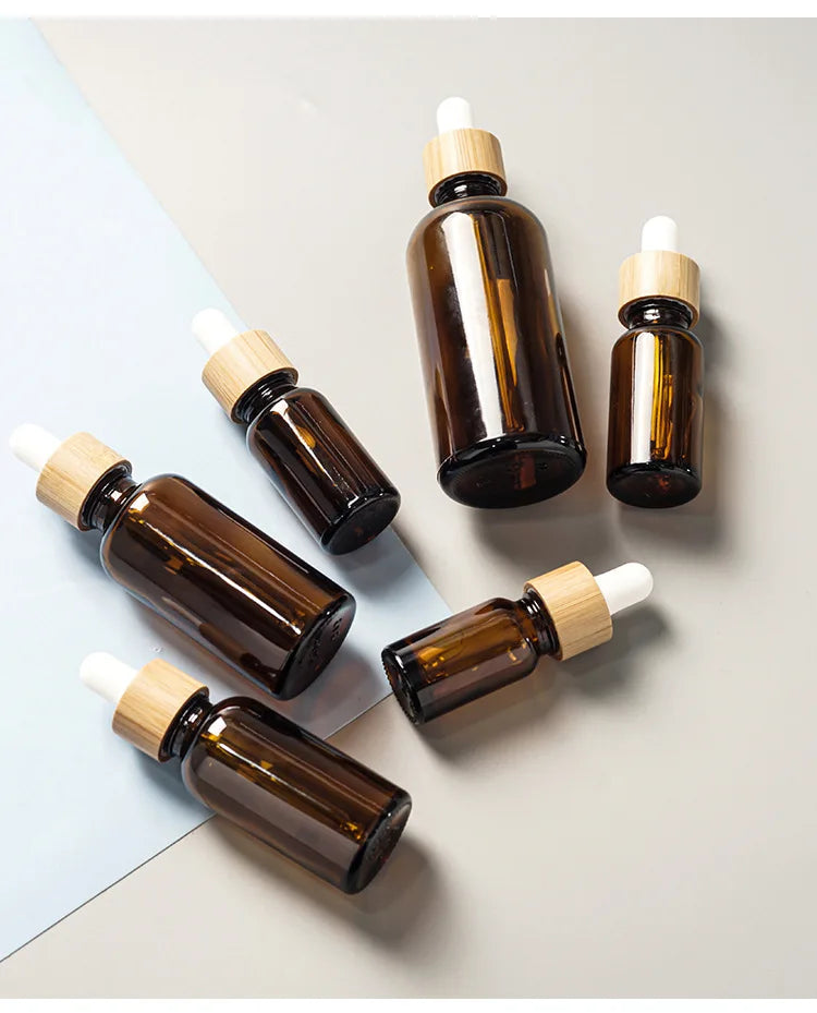 5ml-100ml Dropper Bottle Bamboo Wood Lid Brown Glass