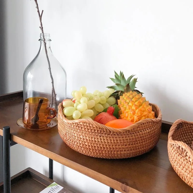 Round Rattan Fruit Basket Wicker Woven Snack Tray