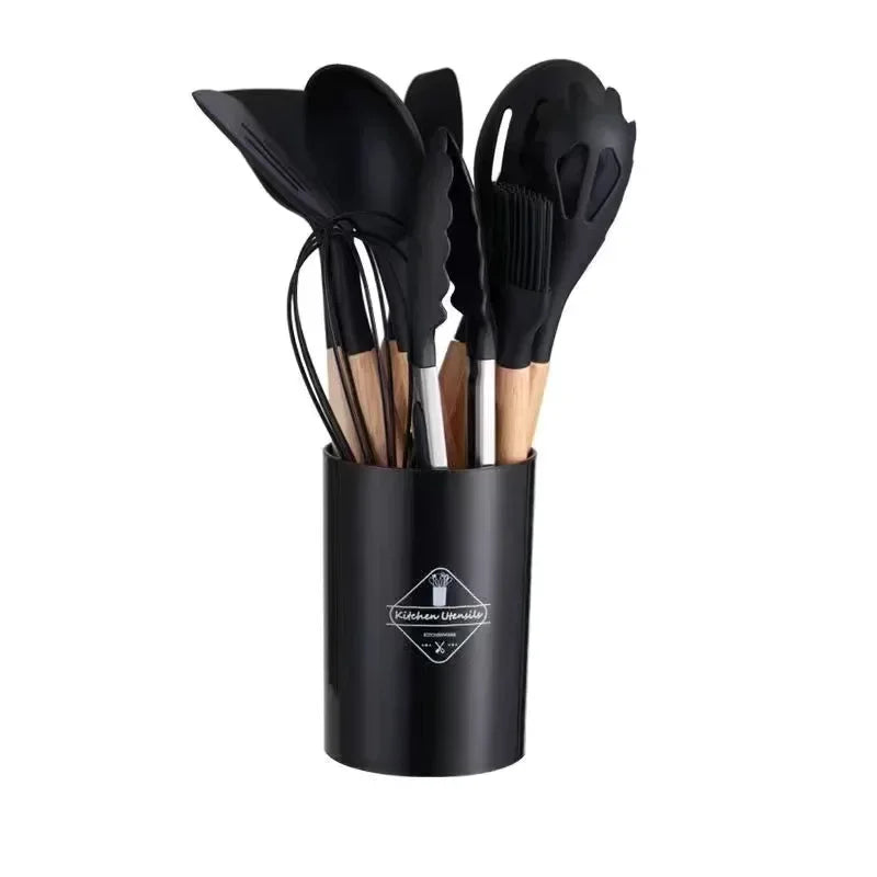 12pcs Of Multi-Color Silicone Wooden Handle Kitchenware Non
