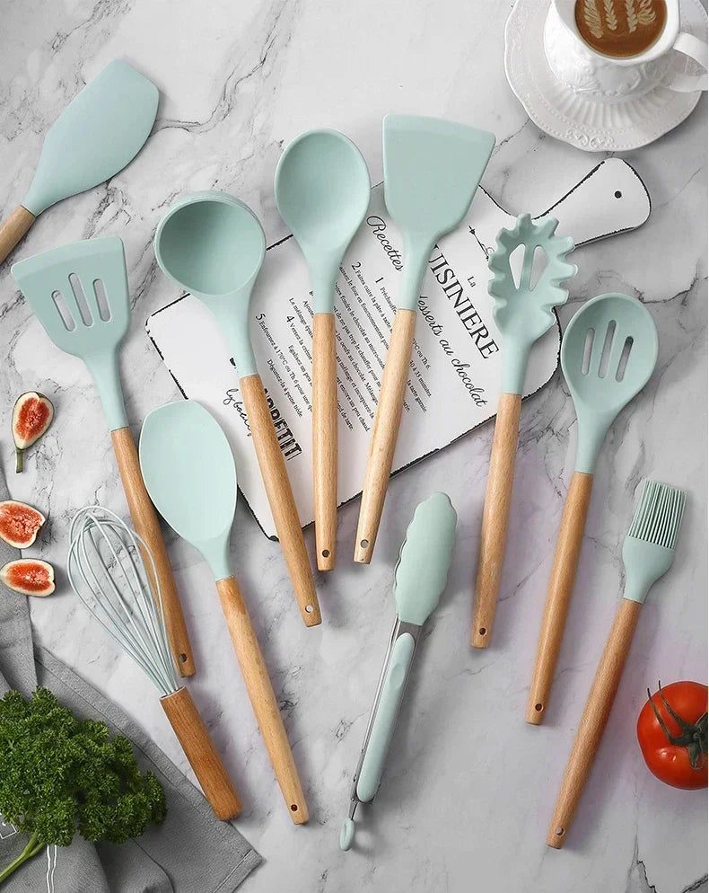 12pcs Of Multi-Color Silicone Wooden Handle Kitchenware Non