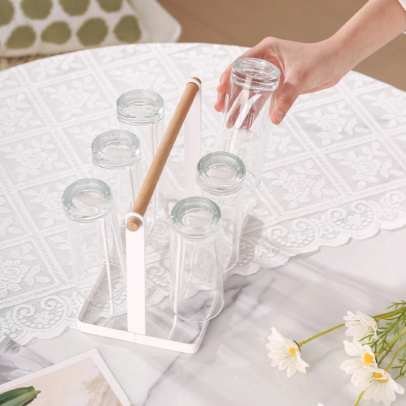 6-Cup Glass Cup Drying Rack Wooden Handle Countertop