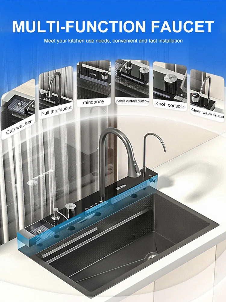 Waterfall Stainless Steel Sink Digital Display Faucet Wash