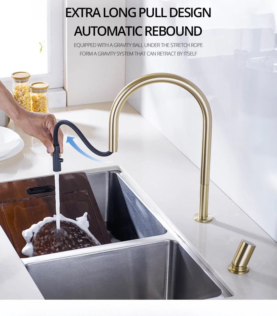 Brushed Gold Faucet Invisible Pull Out Spray Mixer