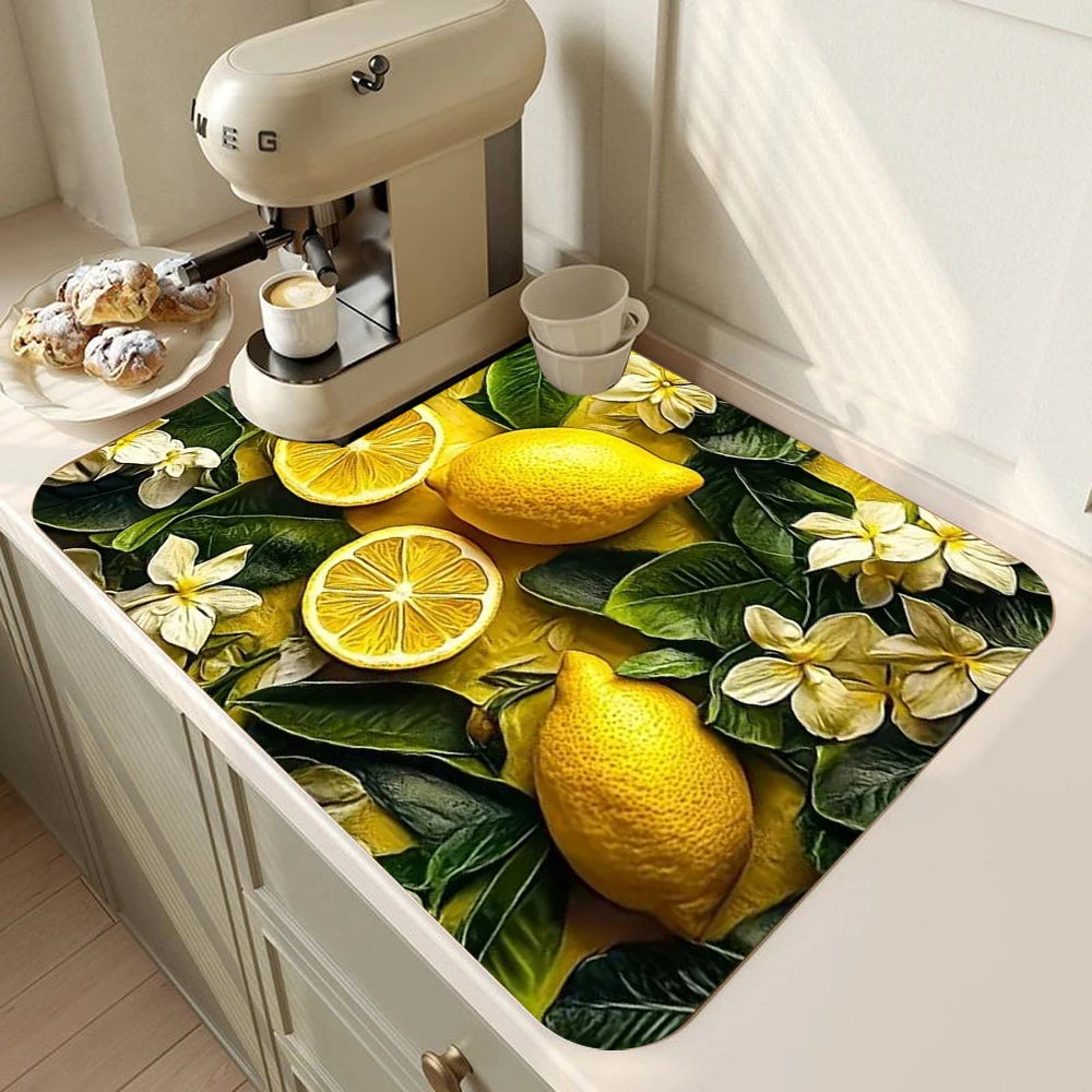 Lemon Printed Tableware Drying Mat Drain Pad Non-Slip
