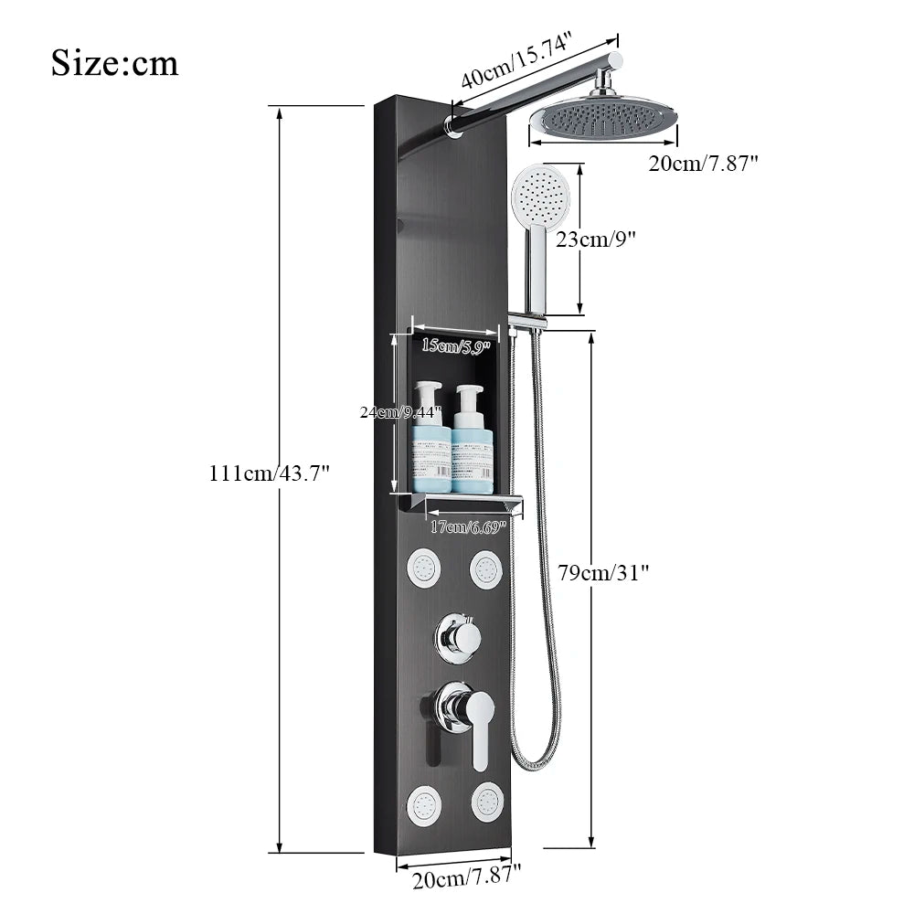 Black Shower Panel Storage Rack Rainfall Shower Faucet